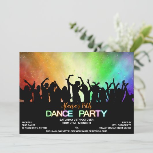 Uitnodigingen Rainbow Glow Dance Party (Staand voorkant)