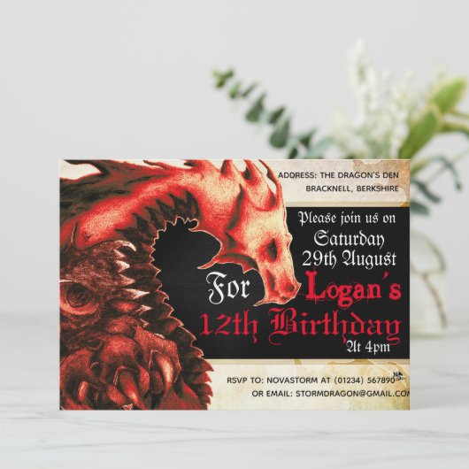 Uitnodigingen Rustic Red Dragon Party (Staand voorkant)