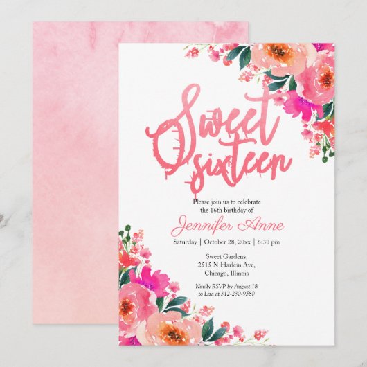 Uitnodigingen Sweet 16 Roze Bloemen (Voorkant / Achterkant)