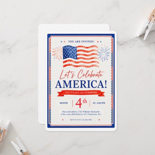 uitnodigingen ter viering van Amerika's 250ste ver (Voorkant / Achterkant in situ)
