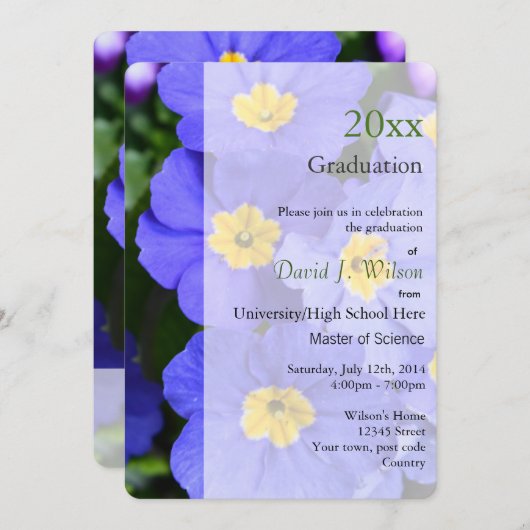 Uitnodigingen tot graduatie van  blauwe tuinbloeme (Voorkant / Achterkant)