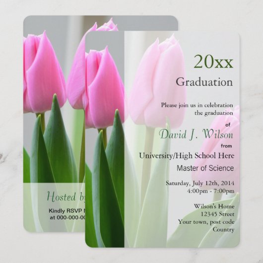 Uitnodigingen tot graduatie van roze tulpen. (Voorkant / Achterkant)