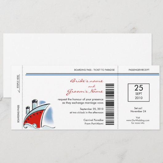 Uitnodigingen tot het inschepen van cruise Wedding (Voorkant / Achterkant)