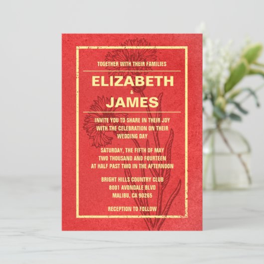 Uitnodigingen tot Rustische  Rood- en Goudbruiloft (Staand voorkant)