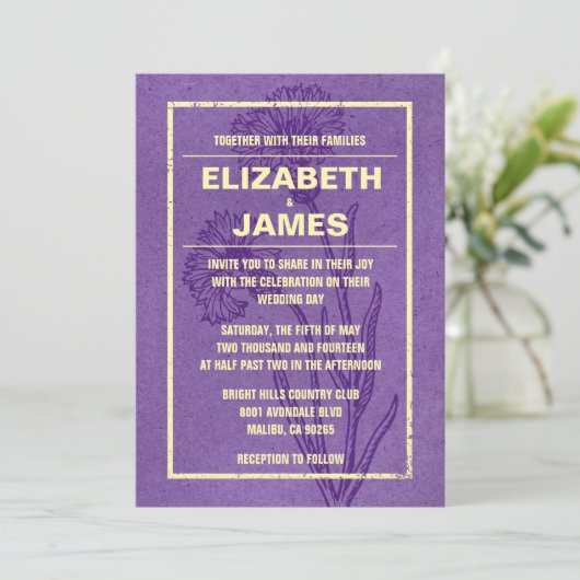 Uitnodigingen tot Vintage Paarse en goudweddenscha (Staand voorkant)