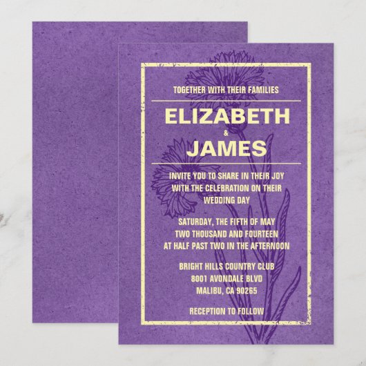 Uitnodigingen tot Vintage Paarse en goudweddenscha (Voorkant / Achterkant)