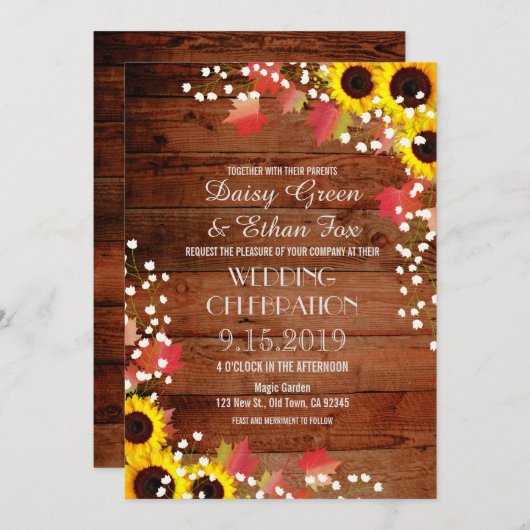 Uitnodigingen tot weduwschap op het Rustic Sunflow (Voorkant / Achterkant)