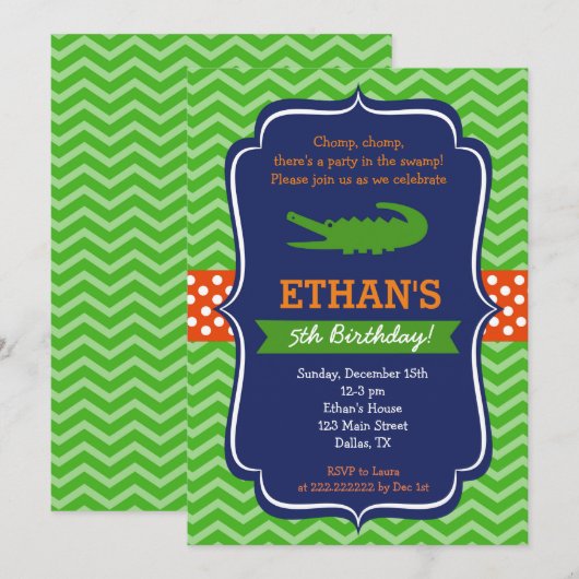 Uitnodigingen van Alligator Birthday Party (Voorkant / Achterkant)