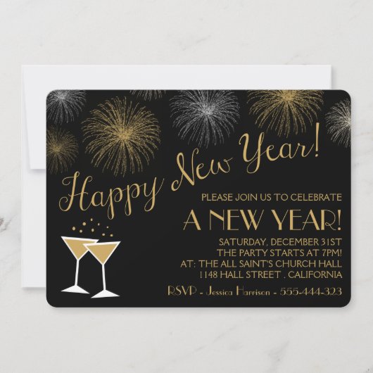 Uitnodigingen van Black and Gold New Years Eve Par (Voorkant)