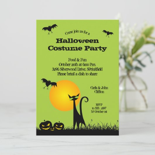Uitnodigingen van Black Cat en Bats Halloween Part (Staand voorkant)