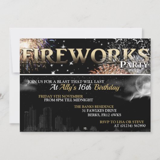 Uitnodigingen van Black & Gold Fireworks Party (Voorkant)
