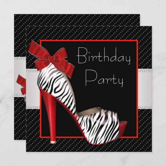 Uitnodigingen van Black Red Zebra Birthday Party (Voorkant / Achterkant)