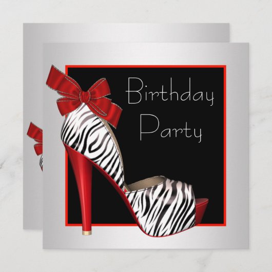 Uitnodigingen van Black Red Zebra Birthday Party (Voorkant / Achterkant)
