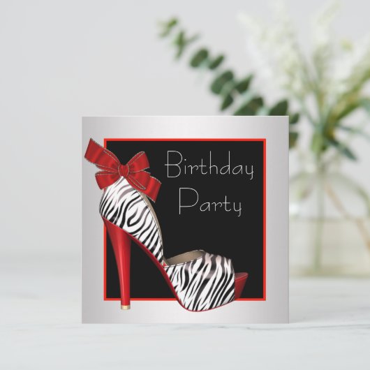 Uitnodigingen van Black Red Zebra Birthday Party (Staand voorkant)
