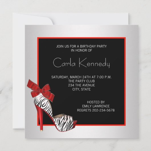 Uitnodigingen van Black Red Zebra Birthday Party (Achterkant)
