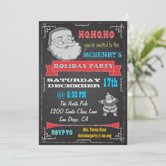 Uitnodigingen van Blackboard Retro Santa Holiday P (Staand voorkant)