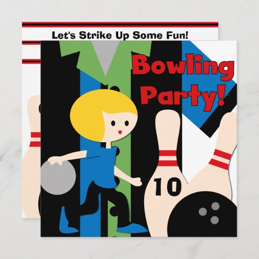 Uitnodigingen van Blond Boy Bowling Party (Voorkant / Achterkant)