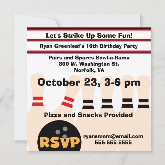 Uitnodigingen van Blond Boy Bowling Party (Achterkant)