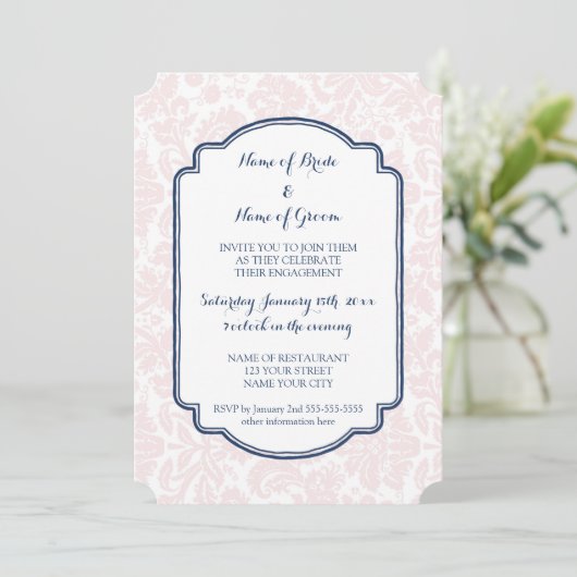 Uitnodigingen van Blush Blue Damask Engagement Par (Staand voorkant)