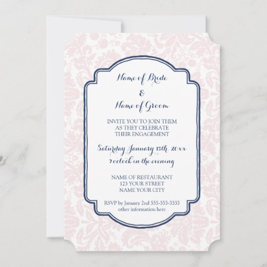 Uitnodigingen van Blush Blue Damask Engagement Par (Voorkant)