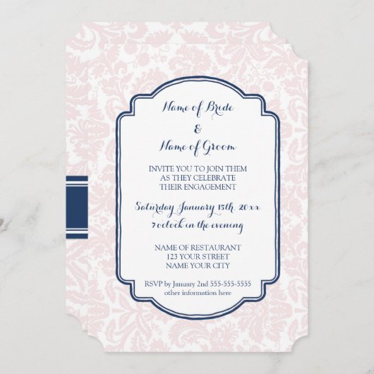 Uitnodigingen van Blush Blue Damask Engagement Par (Voorkant / Achterkant)