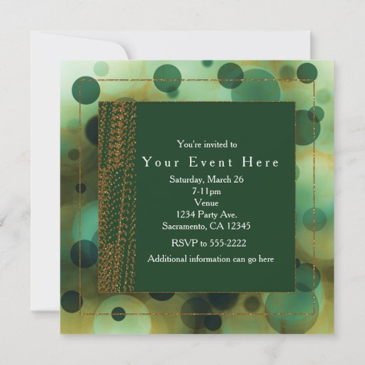 Uitnodigingen van Bokeh Glam Green & Gold PARTY (Achterkant)