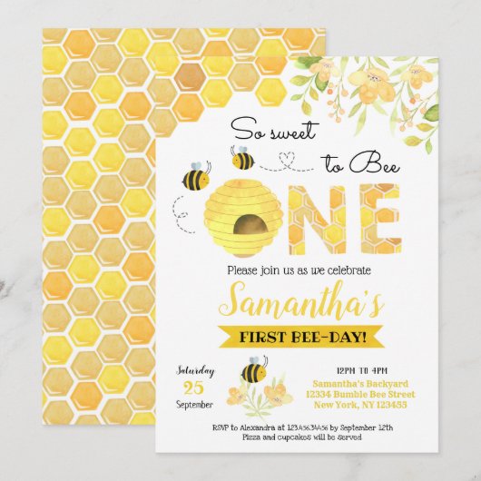 Uitnodigingen van Bumble Bee First Birthday (Voorkant / Achterkant)