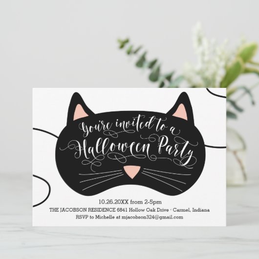 Uitnodigingen van Cat Mask Halloween Party (Staand voorkant)