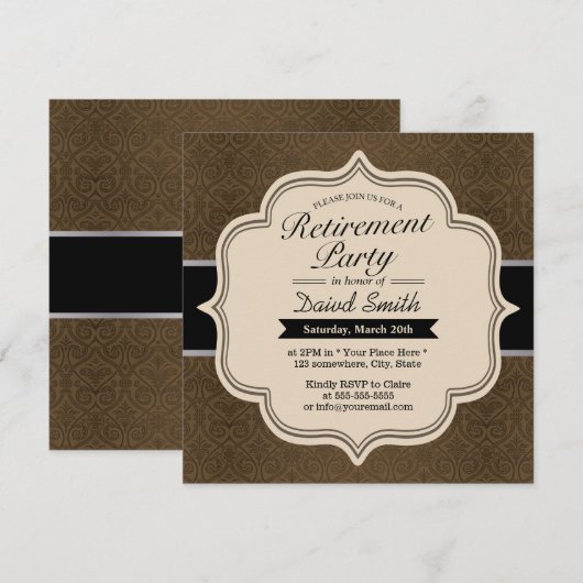 Uitnodigingen van Classy Brown Damask Retirement P (Voorkant / Achterkant)