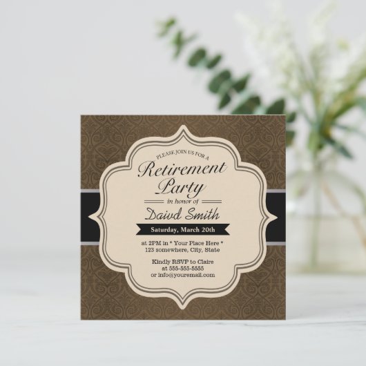 Uitnodigingen van Classy Brown Damask Retirement P (Staand voorkant)