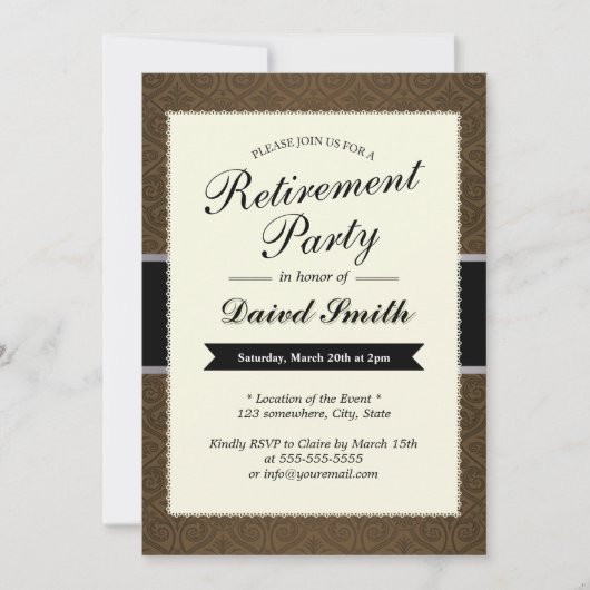 Uitnodigingen van Classy Brown Damask Retirement P (Voorkant)