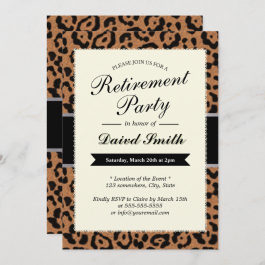 Uitnodigingen van Classy Leopard Print Retirement  (Voorkant / Achterkant)