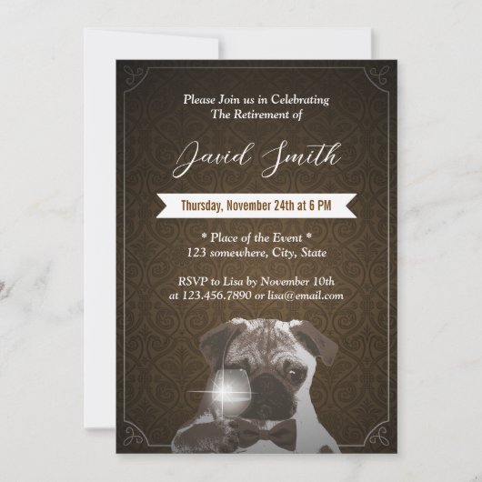Uitnodigingen van Classy Pug & Wine Retirement Par (Voorkant)