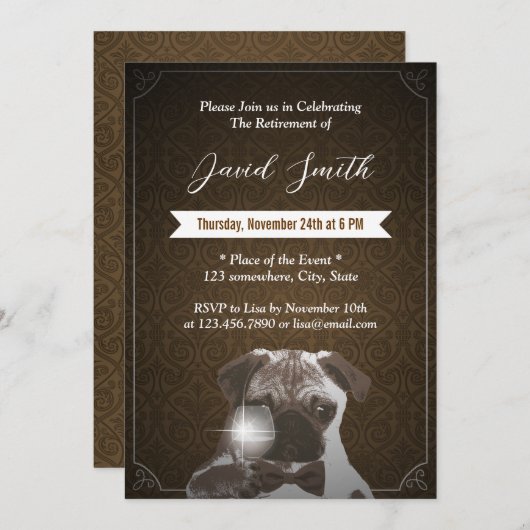 Uitnodigingen van Classy Pug & Wine Retirement Par (Voorkant / Achterkant)
