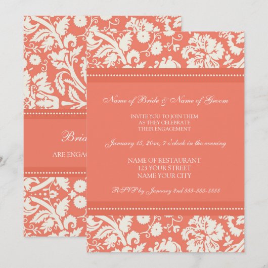 Uitnodigingen van Coral Damask Engagement Party (Voorkant / Achterkant)