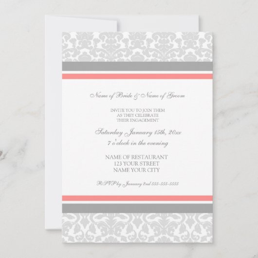 Uitnodigingen van Coral Grey Damask Engagement Par (Voorkant)