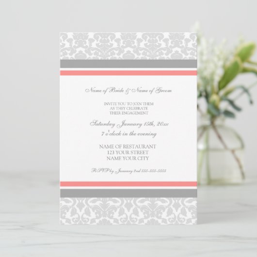 Uitnodigingen van Coral Grey Damask Engagement Par (Staand voorkant)