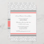 Uitnodigingen van Coral Grey Damask Engagement Par (Voorkant / Achterkant)