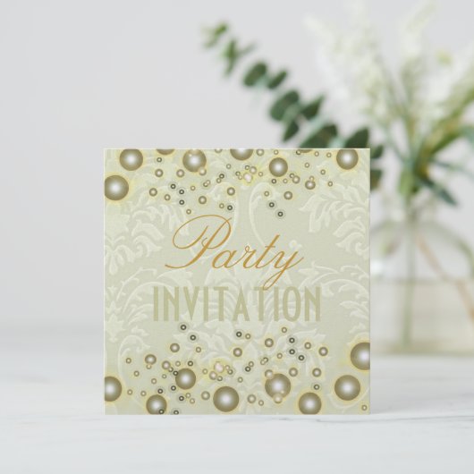 Uitnodigingen van Damask Party, champagnebubbels (Staand voorkant)