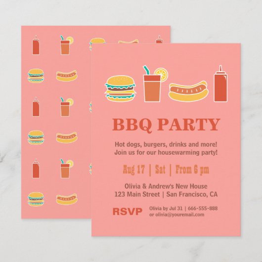Uitnodigingen van de BBQ Housewarming Party (Voorkant / Achterkant)