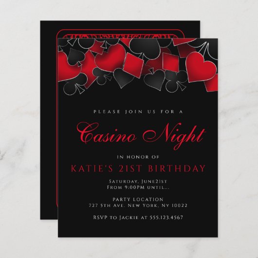 Uitnodigingen van de begrotingscasino Night Party (Voorkant / Achterkant)