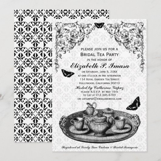 Uitnodigingen van de Black Garden Bridal Tea Party (Voorkant / Achterkant)
