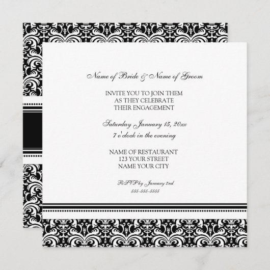Uitnodigingen van de Black White Damask Engagement (Voorkant / Achterkant)