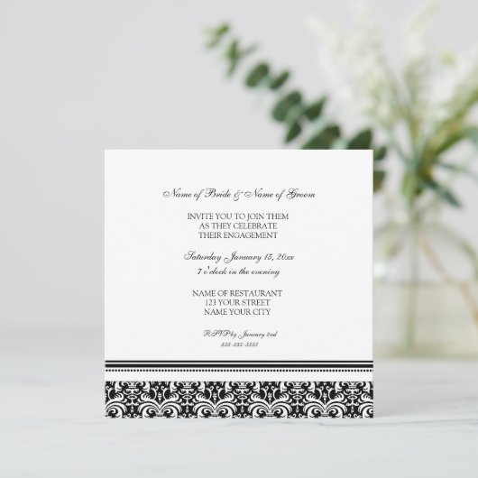 Uitnodigingen van de Black White Damask Engagement (Staand voorkant)
