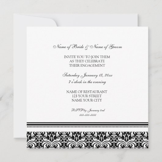 Uitnodigingen van de Black White Damask Engagement (Voorkant)