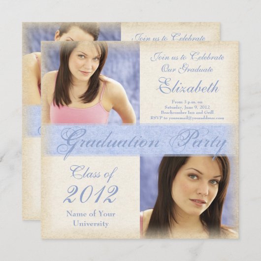 Uitnodigingen van de  Blauwe Meisjes Graduation Pa (Voorkant / Achterkant)