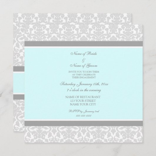 Uitnodigingen van de Blue Grey Damask Engagement P (Voorkant / Achterkant)
