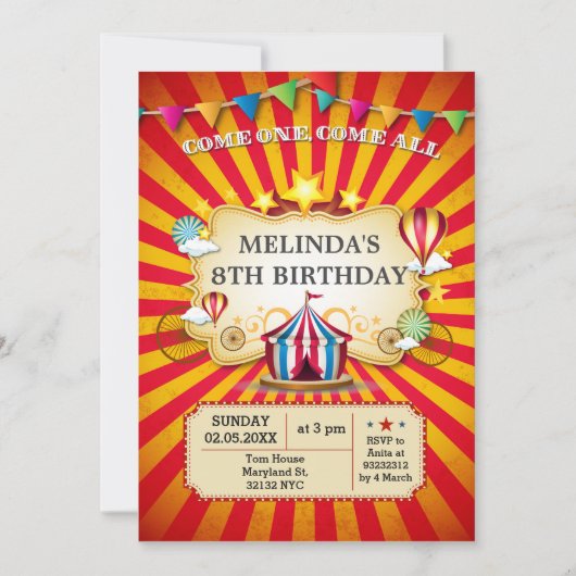 Uitnodigingen van de carnaval kinder circus Birthd (Voorkant)