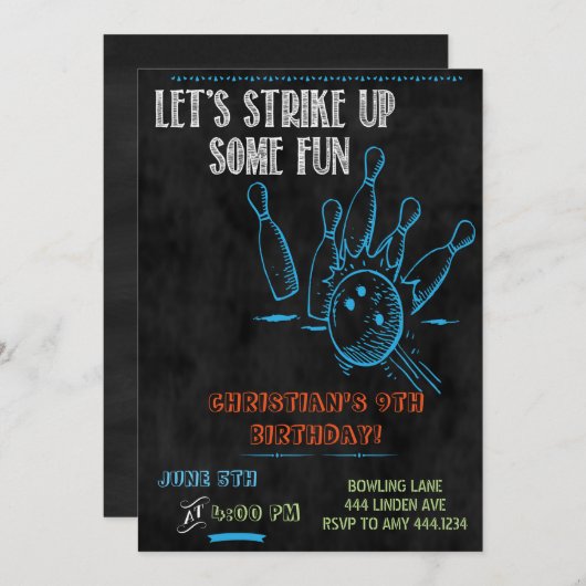 Uitnodigingen van de Chalkboard Bowling Party (Voorkant / Achterkant)