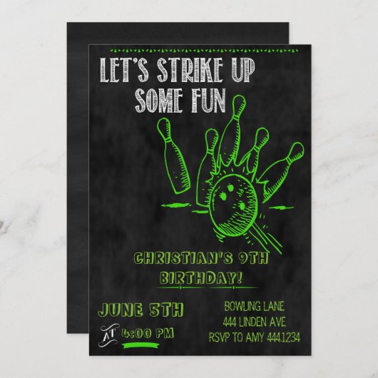 Uitnodigingen van de Chalkboard Bowling Party (Voorkant / Achterkant)